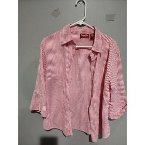 Company One Red White Seersucker Striped Cotton Button Up Shirt XL 3/4 Sleeve